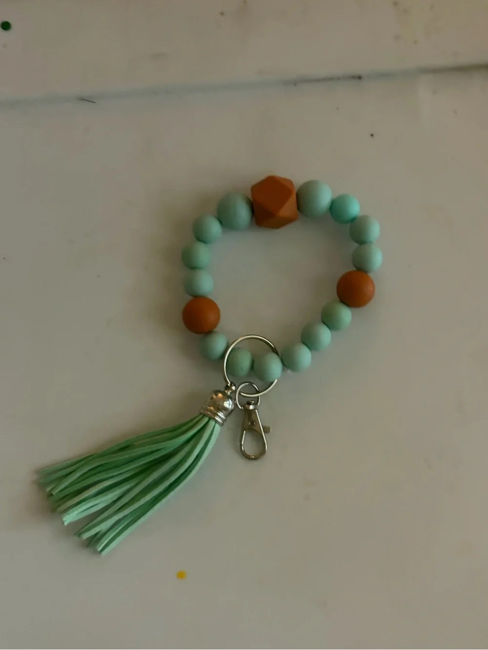 Beaded Tassel Keyring Bracelet - Mint & Tan